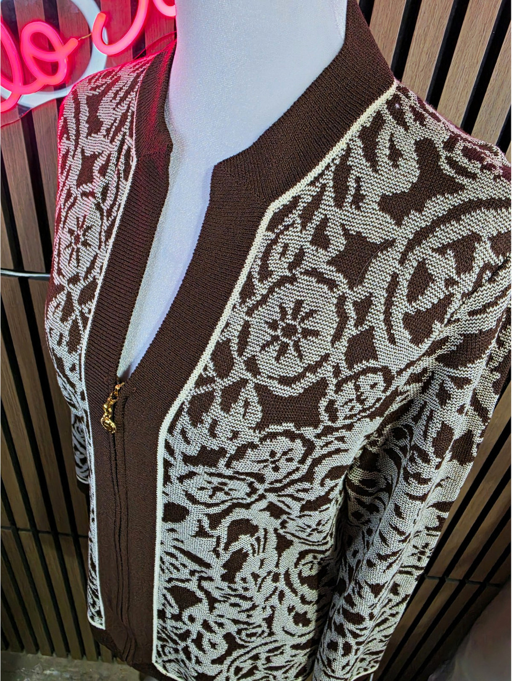 Vintage St. John Jacket Womens 12 Brown Beige Floral Full Zip Long Sleeve Short